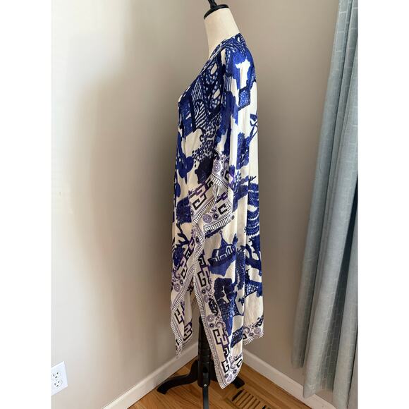One Hundred Stars Blue Asian Print Kaftan Art Kimono Duster Boho Throwover - Picture 6 of 11